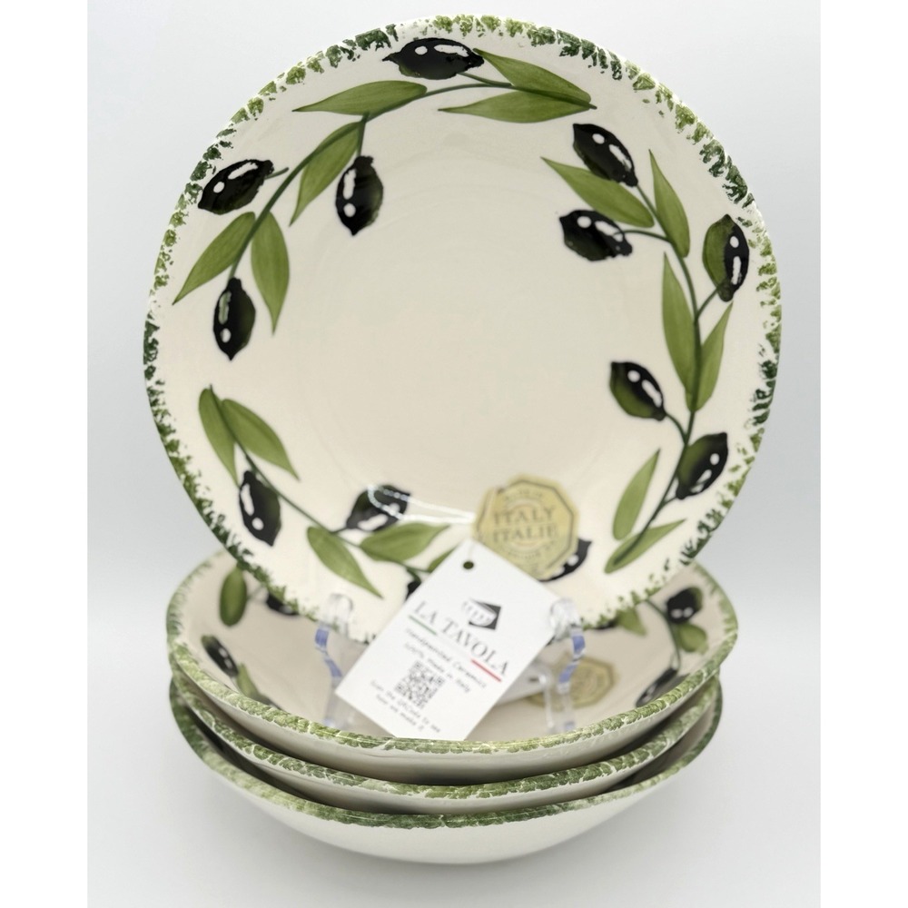 4 Hand Painted La Tavola Pasta Bowls Olive & Leaves Ceramic 9" New Italy